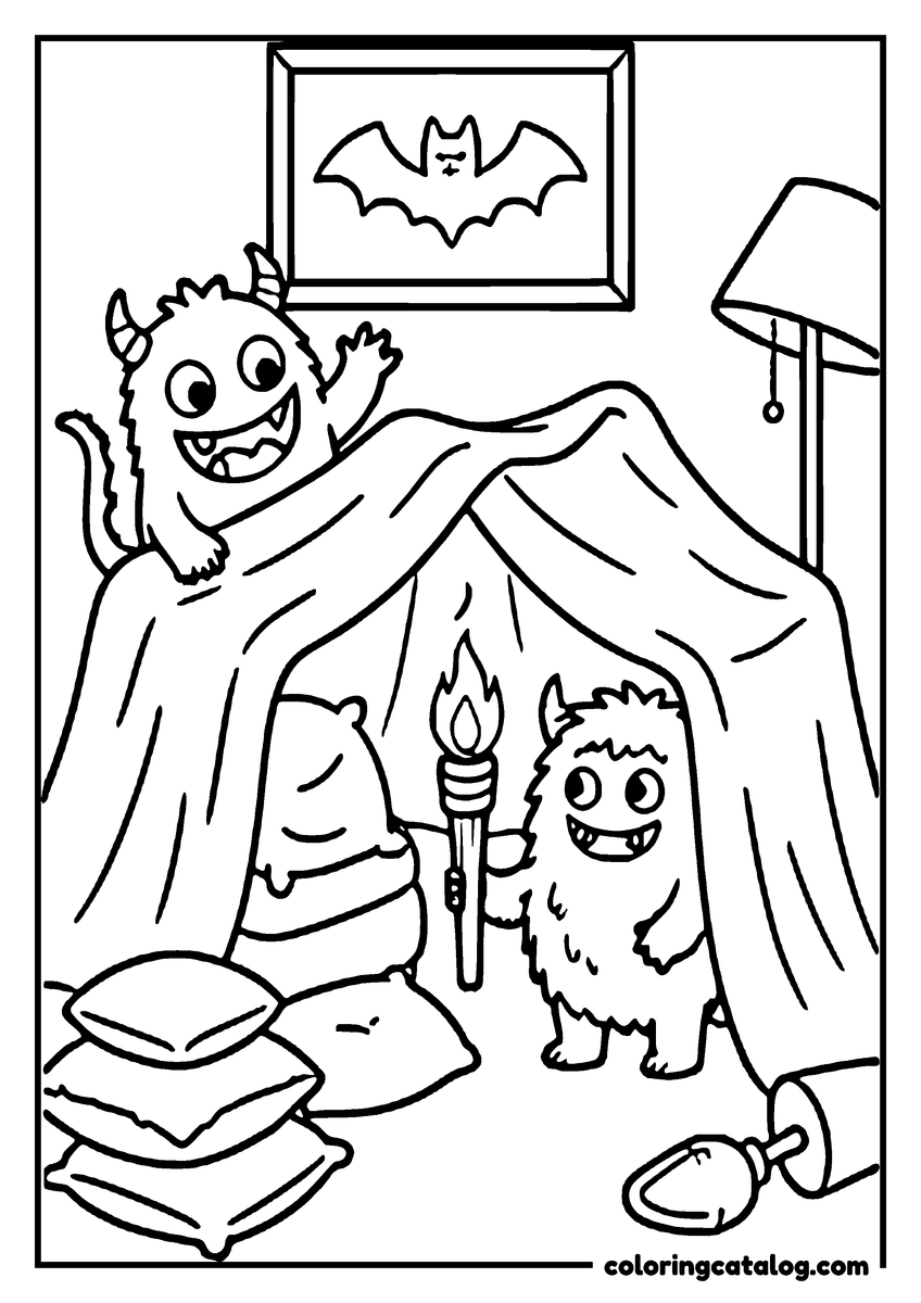 Halloween coloring page of two cute monsters in a blanket fort, a torch burning inside, cushions stacked and a bat picture on the wall