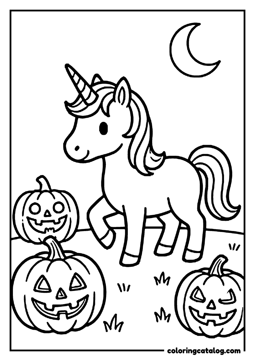 Halloween coloring page of a unicorn prancing among jack o'lanterns under a crescent moon