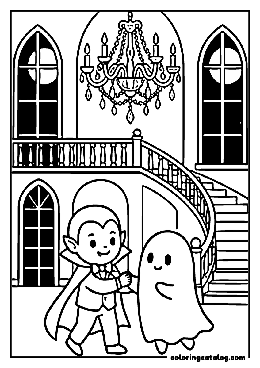 Halloween coloring page of a little vampire and a ghost in a gothic hall with a chandelier, arched windows and a grand staircase