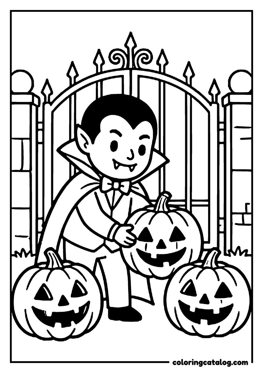 Halloween coloring page of a little vampire carrying a jack o'lantern at a graveyard gate