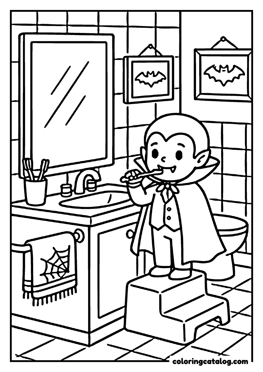 Halloween coloring page of a vampire child brushing teeth in a bathroom with bat decorations