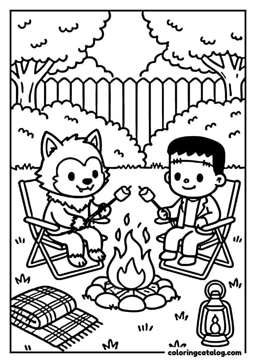 Halloween coloring page of a werewolf and a Frankenstein boy roasting marshmallows over a campfire in a garden