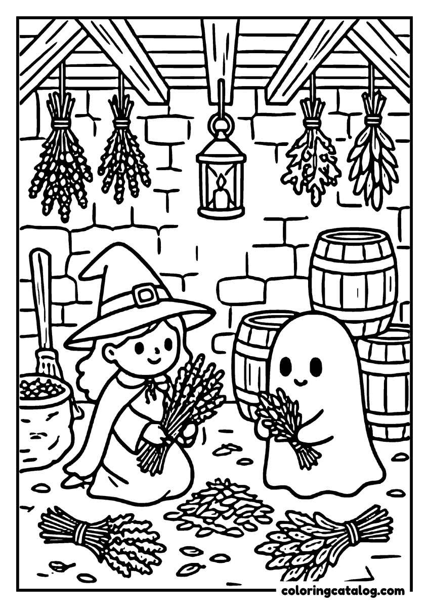 Halloween coloring page of a witch and a ghost sorting bundles of herbs in a stone cellar, barrels behind them and a lantern on the wall