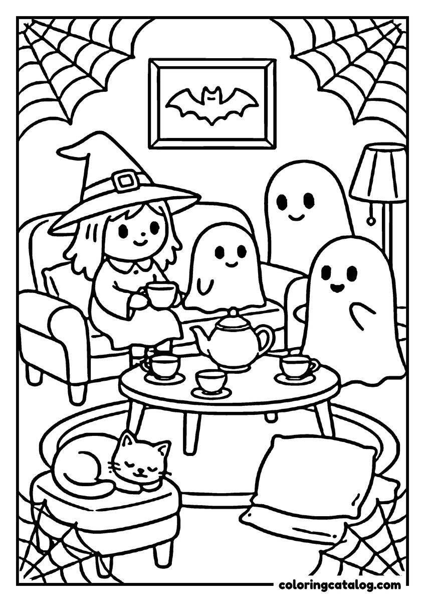 Halloween coloring page of a little witch having tea with three ghosts in a living room, a cat asleep on the footstool