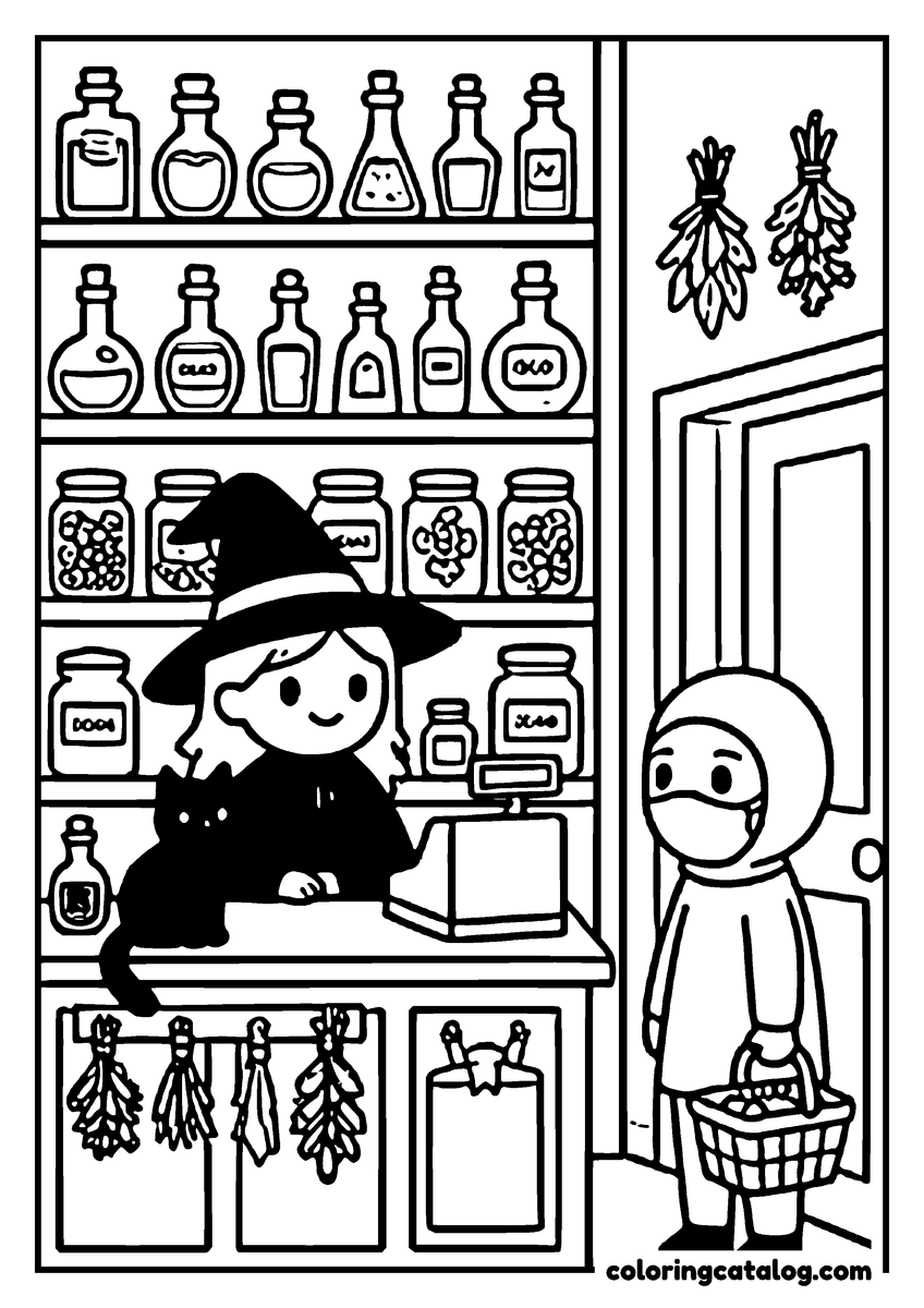 Halloween coloring page of a witch behind the counter of her potion shop, a black cat beside her and shelves of bottles all around