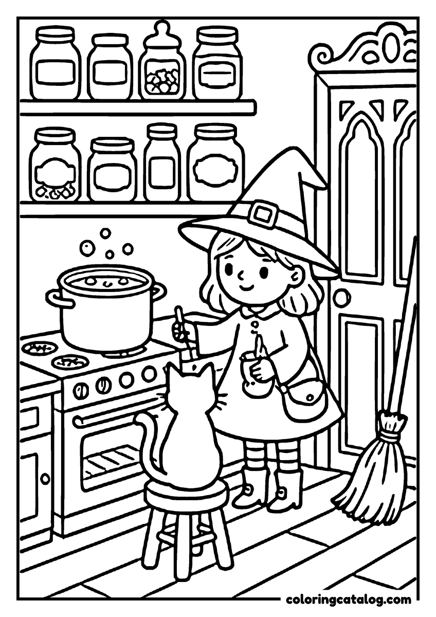 Halloween coloring page of a little witch cooking soup on a stove, jars on the shelves, a cat on a stool and a broom by the door