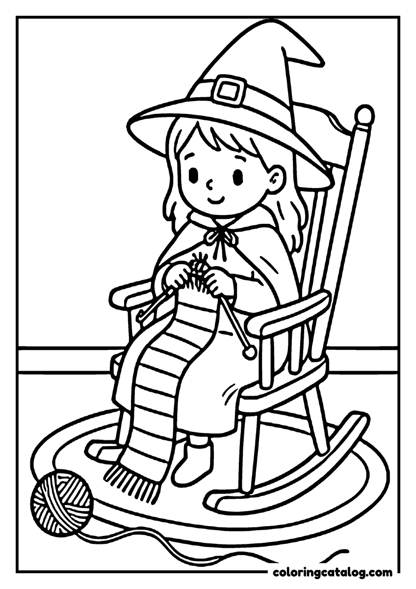 Halloween coloring page of a little witch knitting a long scarf in a rocking chair, a ball of yarn on the rug