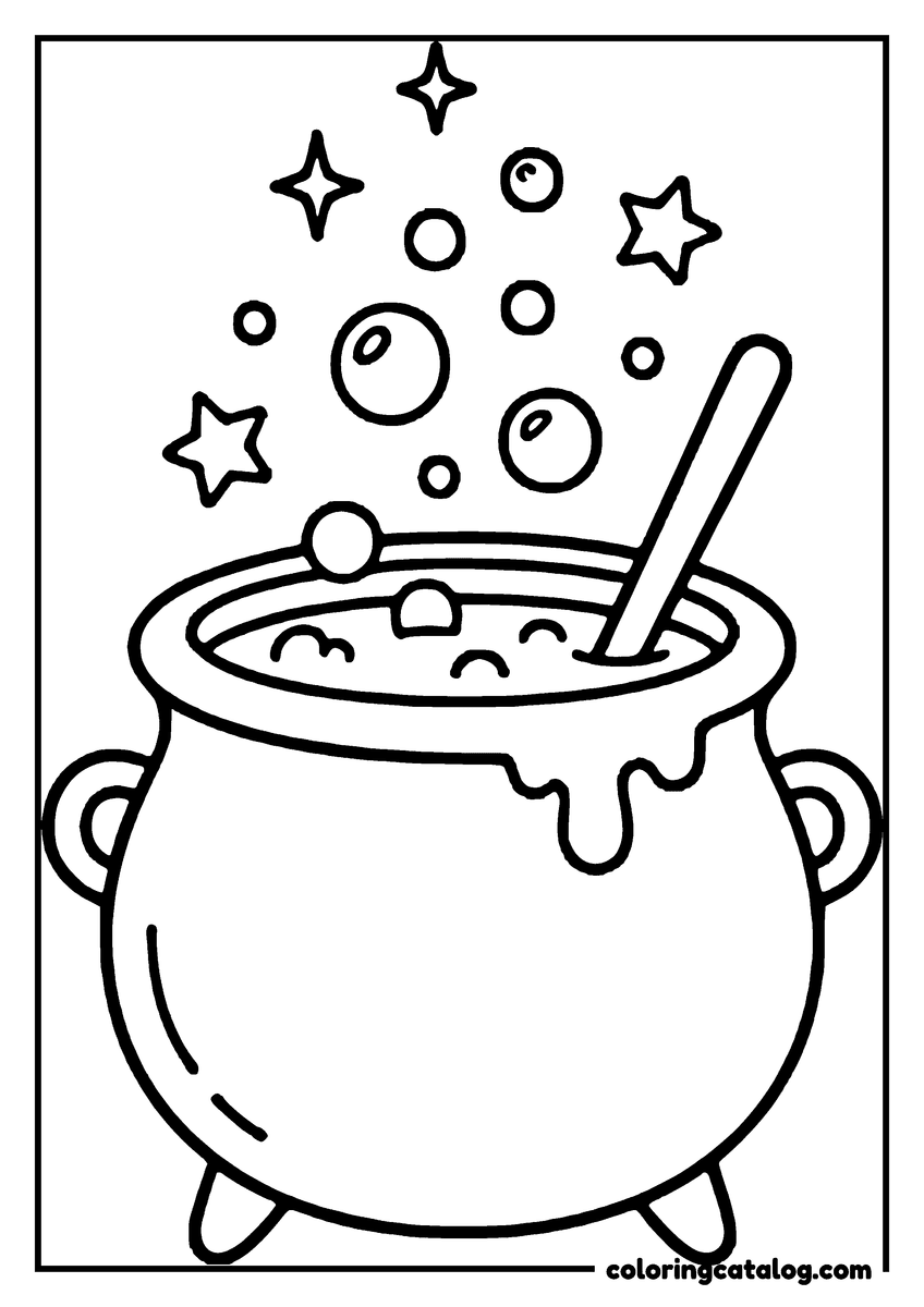 Free Halloween coloring sheet: A witch's cauldron with stars and bubbles, stirring a potion