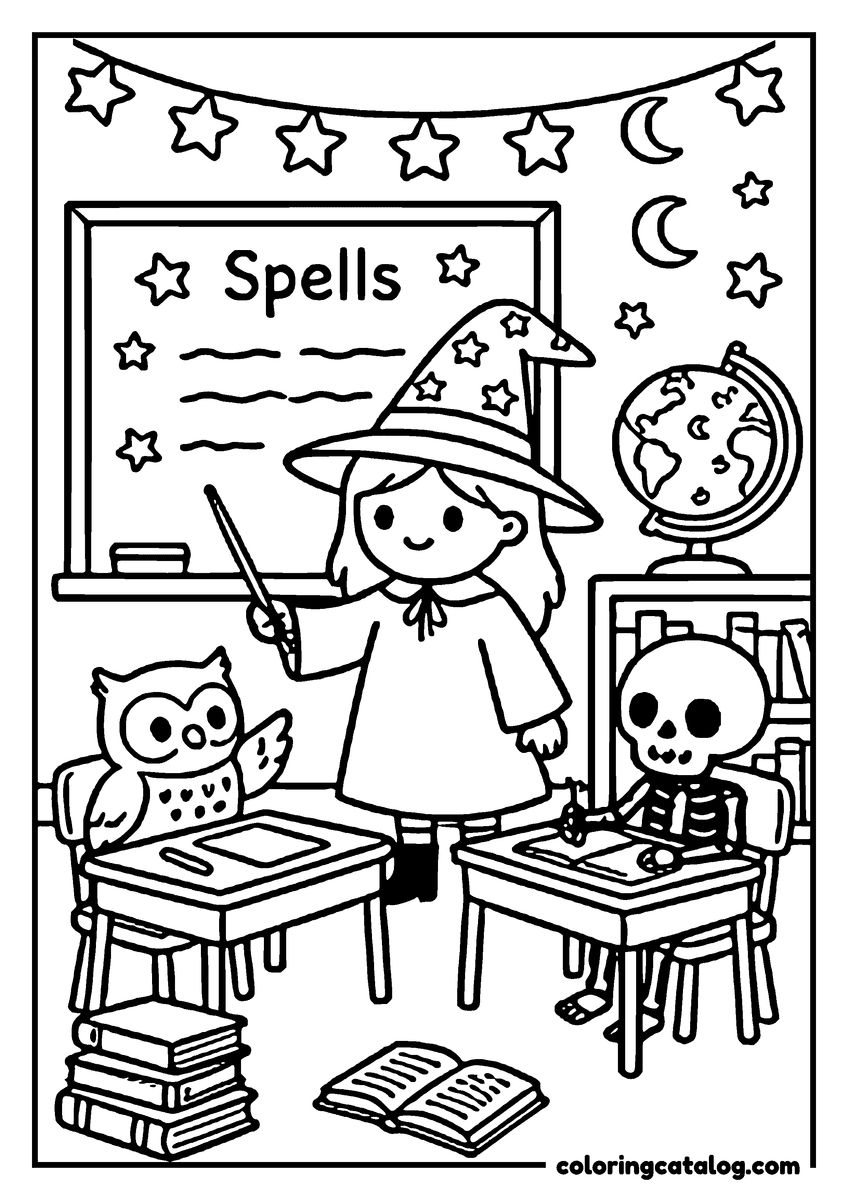 Halloween coloring page of a witch teacher at a chalkboard marked "Spells", an owl and a skeleton at their desks