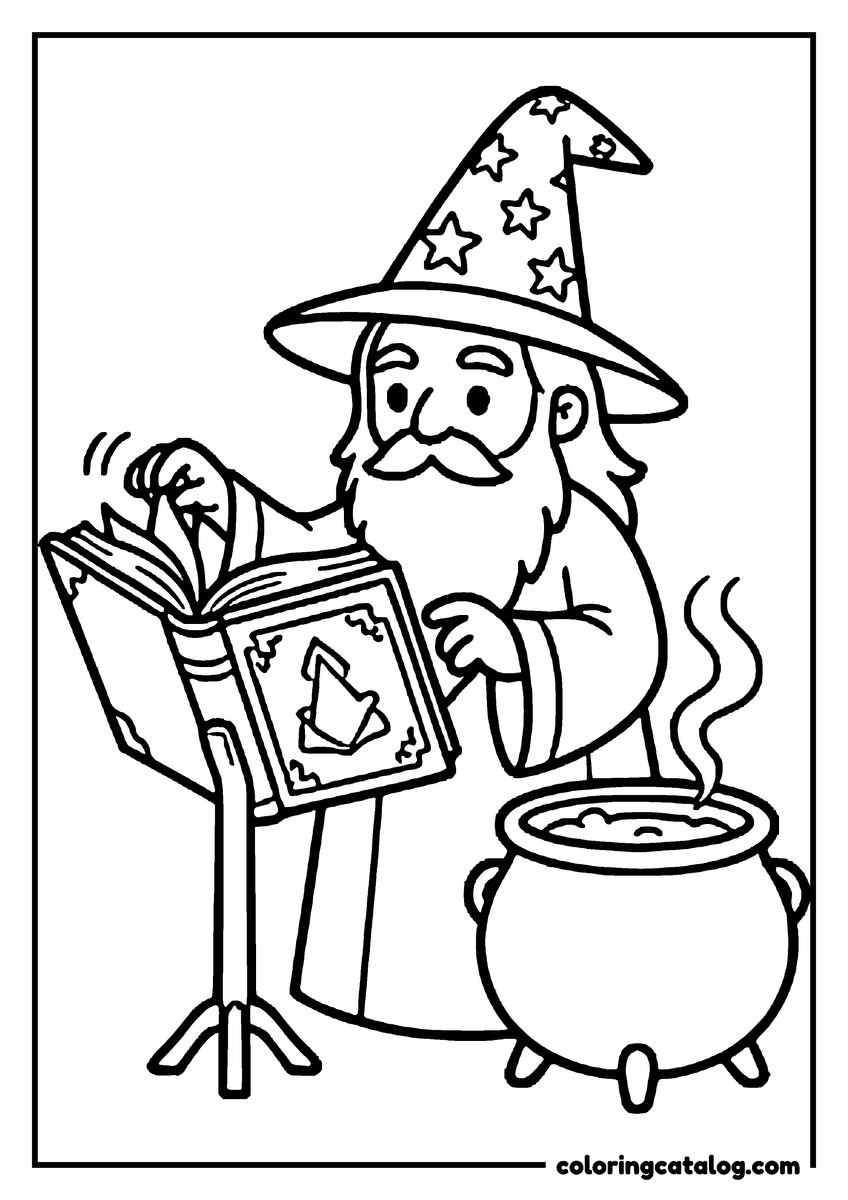 Halloween coloring page of a wizard reading a spellbook beside a steaming cauldron