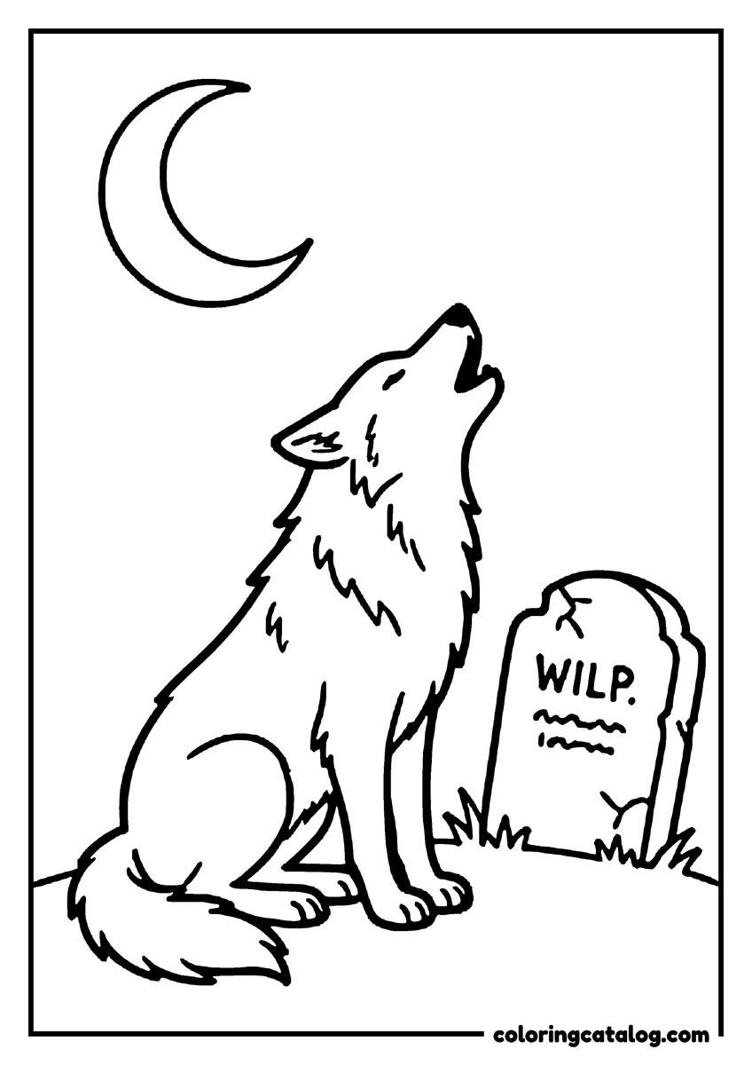Halloween coloring page of a wolf howling at the crescent moon beside a tombstone