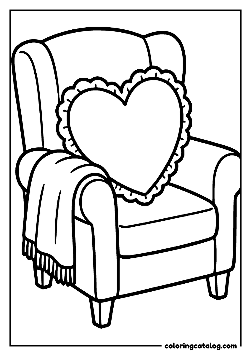 Coloring page: A frilled heart cushion sits in an armchair with a fringed throw over one arm