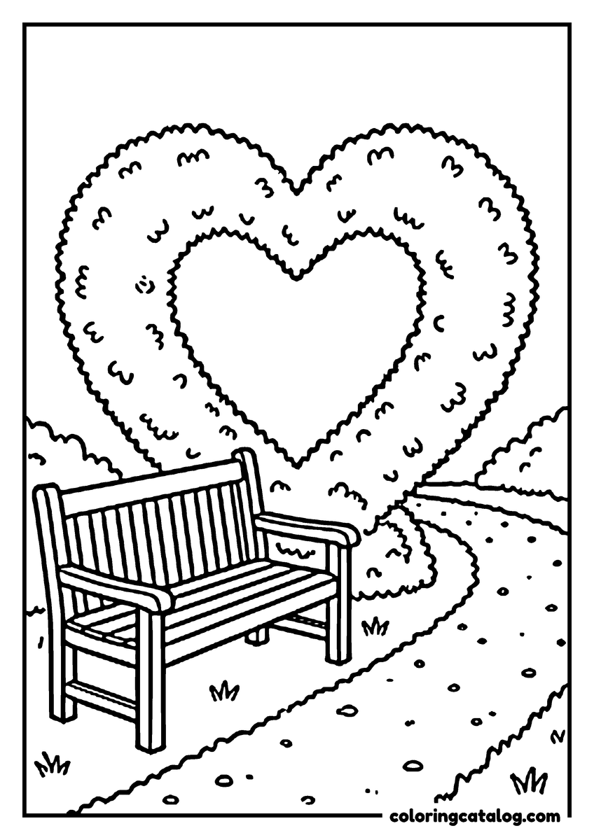 Printable coloring page: A tall hedge is clipped into a heart with an opening through the middle, a bench in front of it