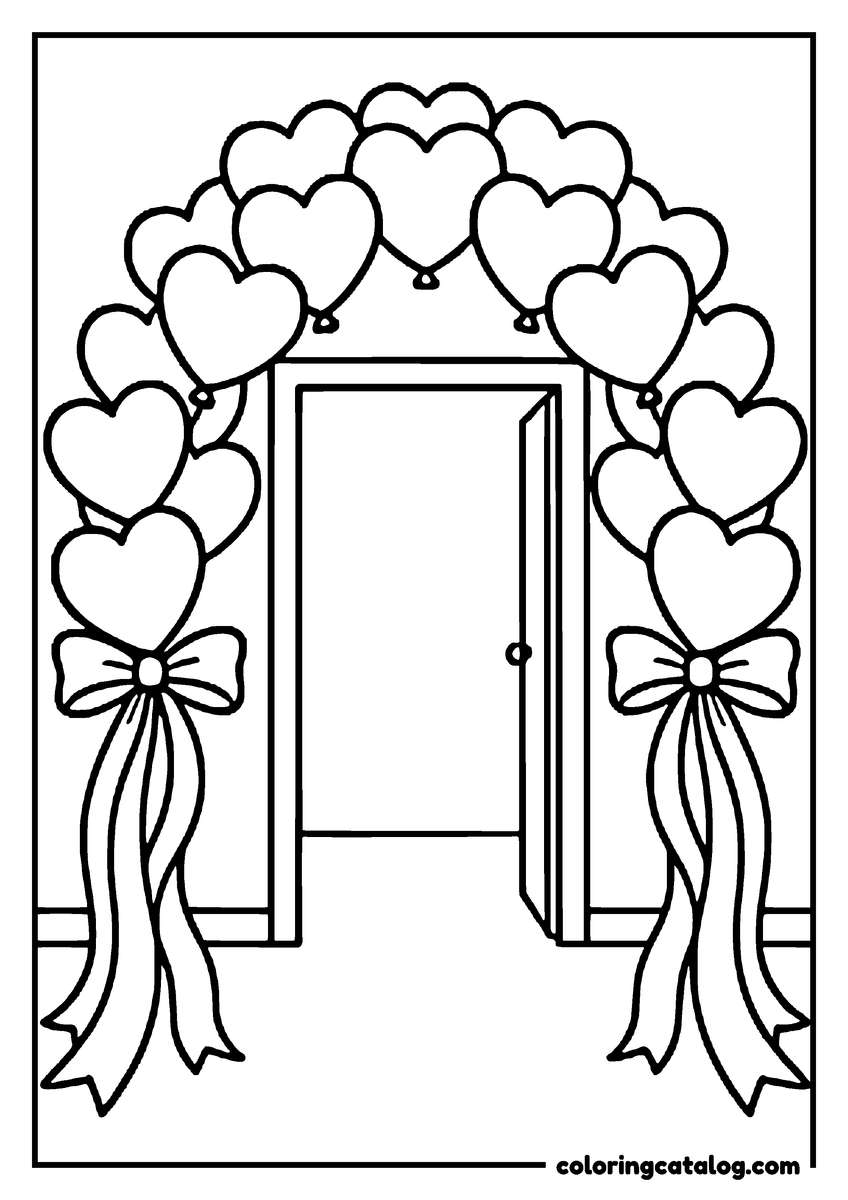 Free printable coloring sheet: Heart balloons arch over an open doorway with ribbons and bows tied down each side