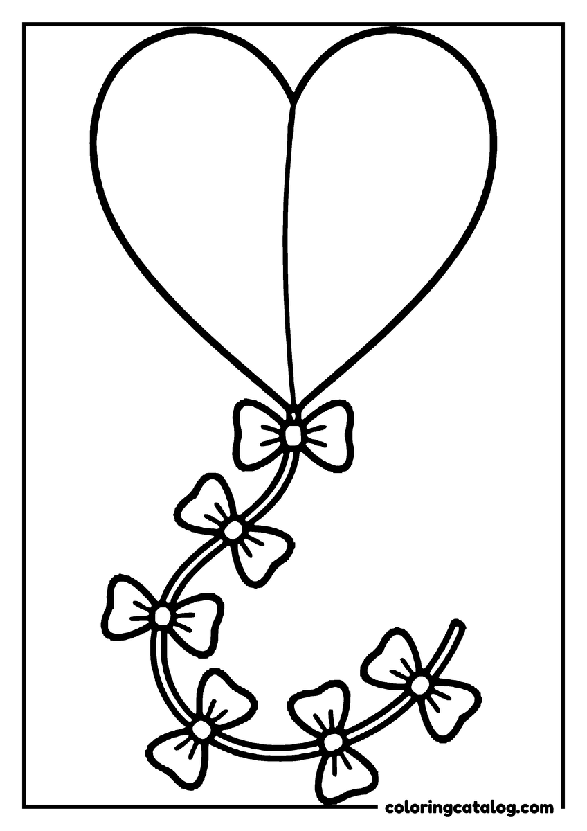 Free printable coloring sheet: A heart balloon rises on a long ribbon tied with seven small bows