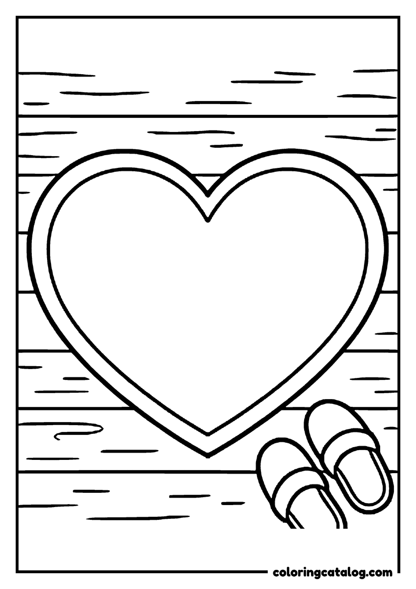 Printable coloring page: A heart-shaped mat lies on floorboards with a pair of slippers set down beside it