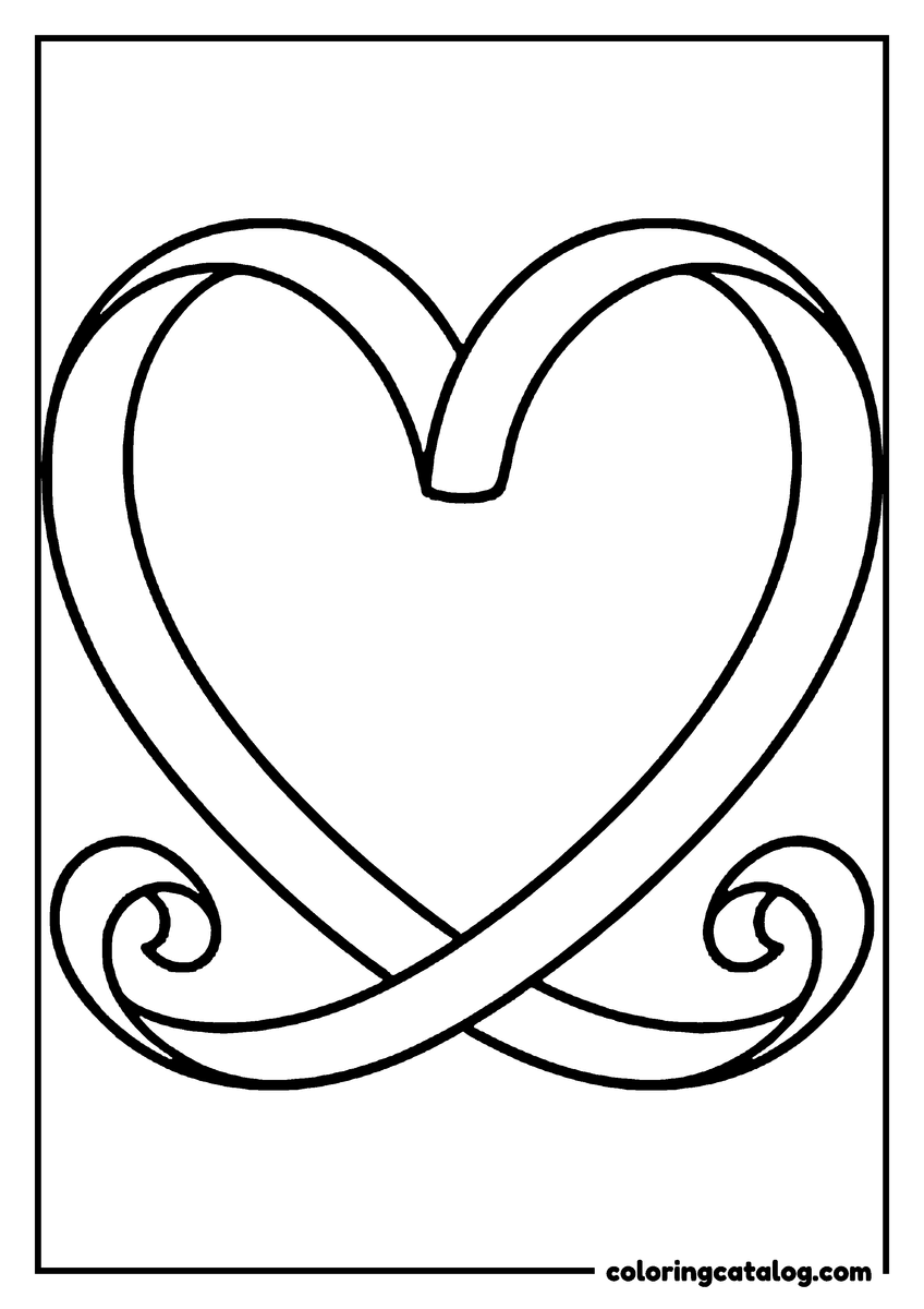Coloring page: A single broad ribbon loops over itself to draw a heart and curls at both ends
