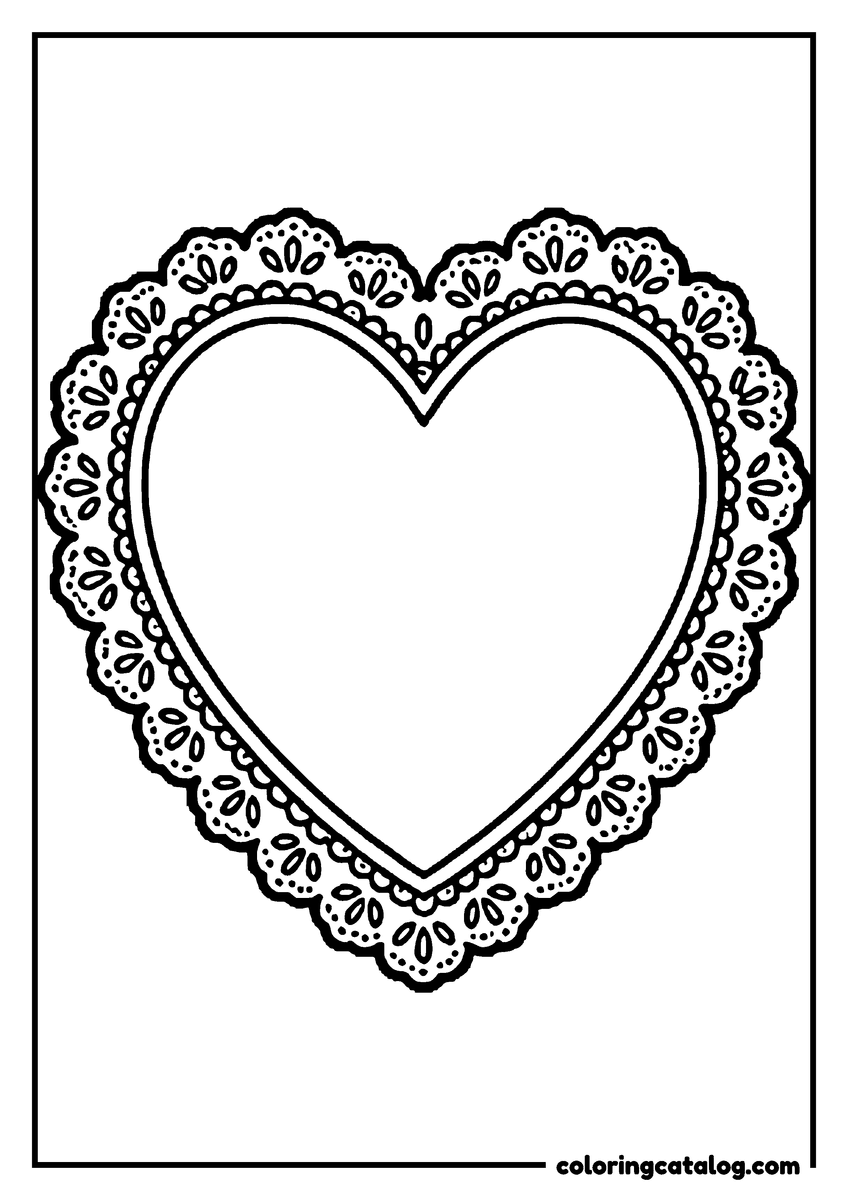 Coloring page: A heart sits inside a lace doily border of tiny punched holes and petals