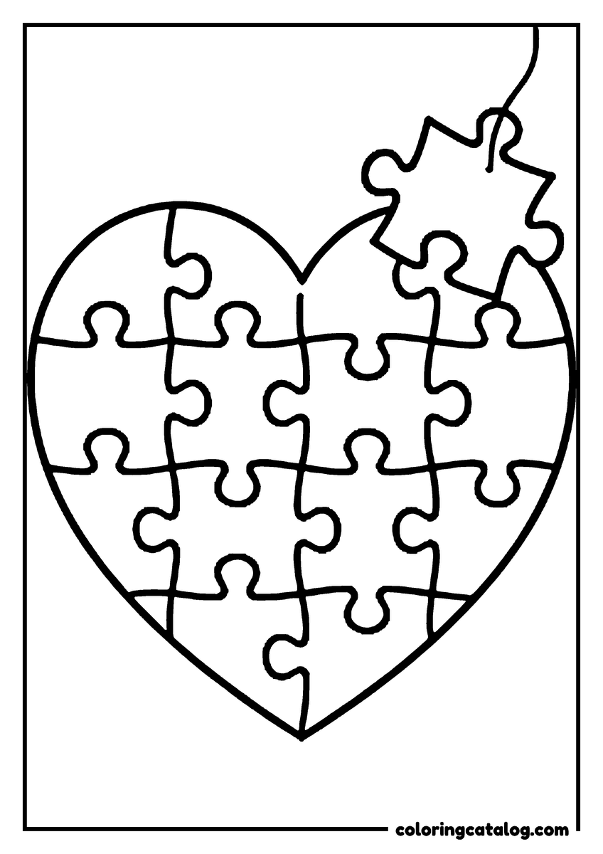 Printable coloring page: A heart cut into jigsaw pieces with one piece lifted away from the top corner