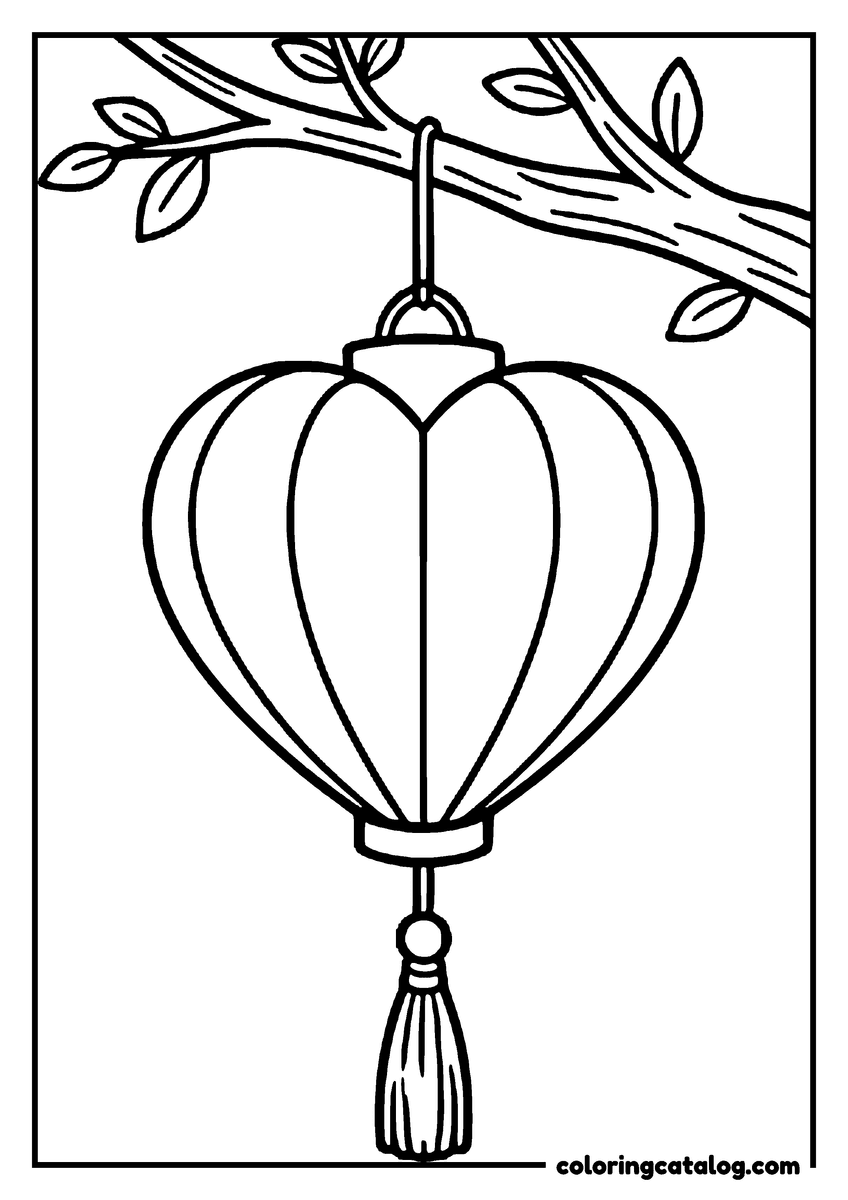 Coloring page: A ribbed paper lantern shaped like a heart hangs from a leafy branch above a tassel