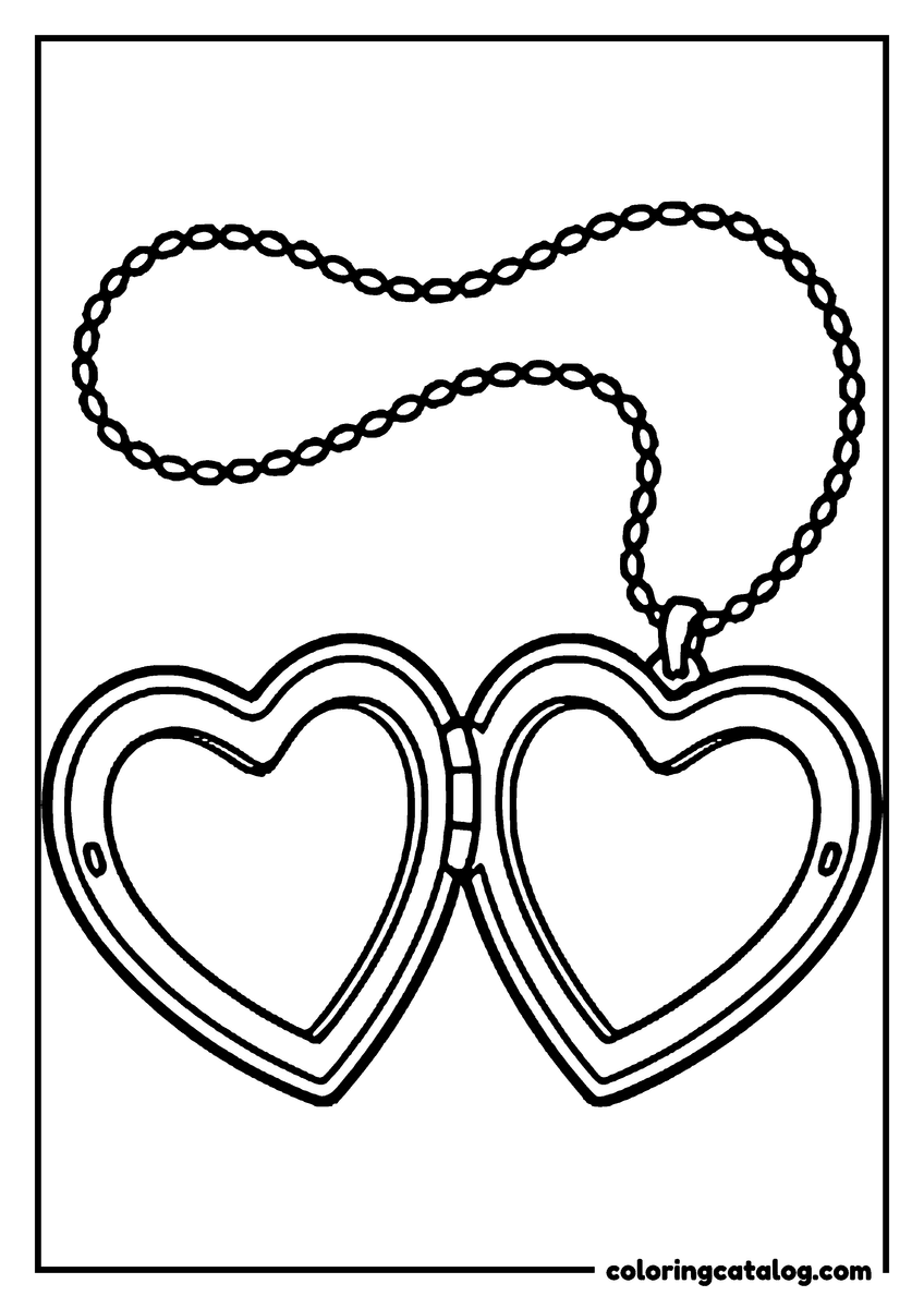 Printable coloring page: A heart locket lies open in two halves at the end of a long beaded chain