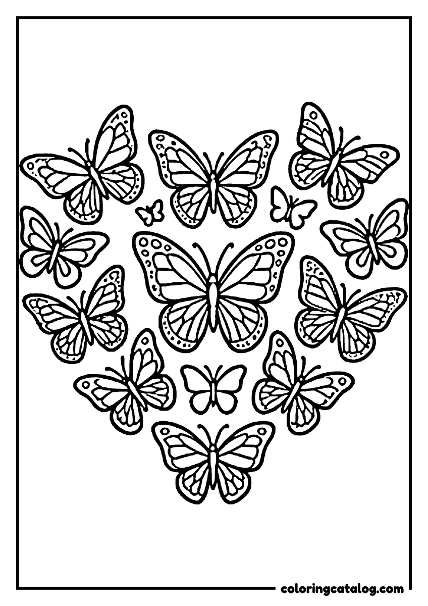 Coloring page: Butterflies of different sizes gather into the shape of a heart, the largest at the centre