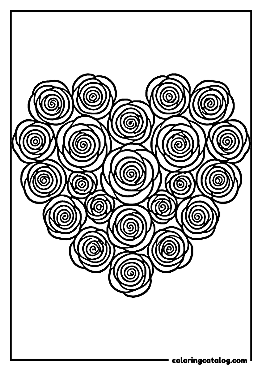 Coloring page: Two dozen spiralled roses are packed together into the shape of a heart