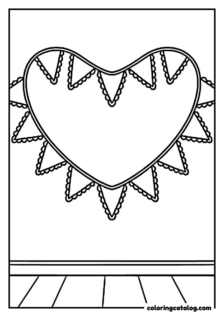 Printable coloring page: Lines of triangular bunting cross a large heart outline hung on a plain wall