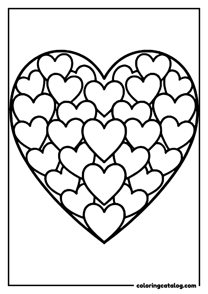 Coloring page: One large heart outline filled edge to edge with overlapping smaller hearts
