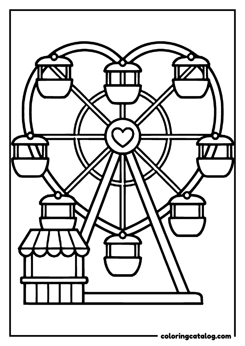 Printable coloring page: A big wheel built in the shape of a heart carries eight open cars above a ticket booth