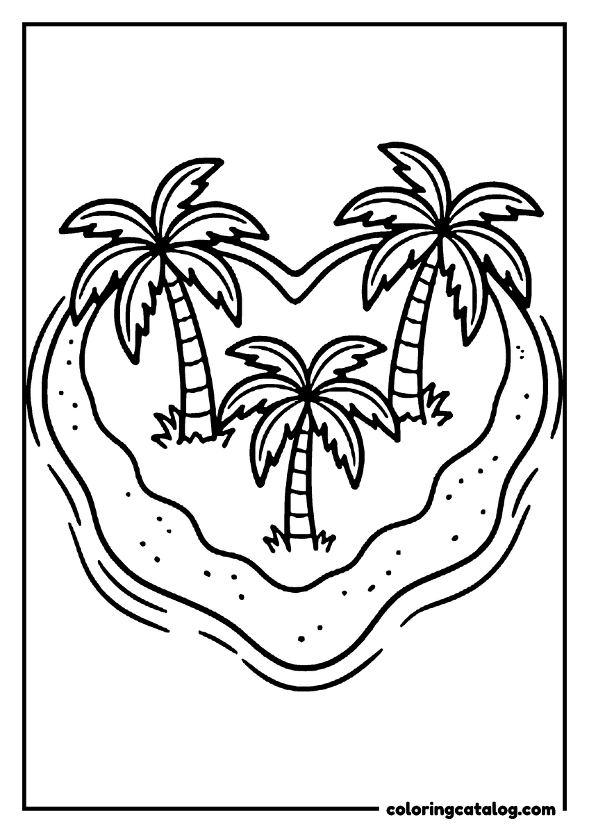 Coloring page: Three palm trees stand on a small heart-shaped island ringed by shallow water