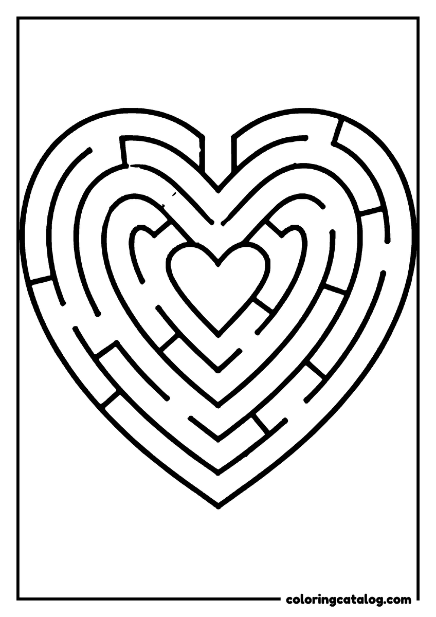 Coloring page: A maze of winding corridors fills a heart with a small heart at its centre