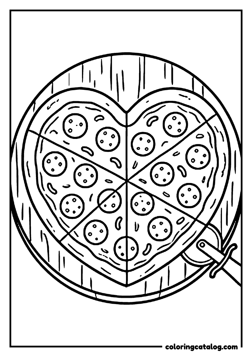 Printable coloring page: A heart-shaped pizza covered in pepperoni is cut into six slices on a round board