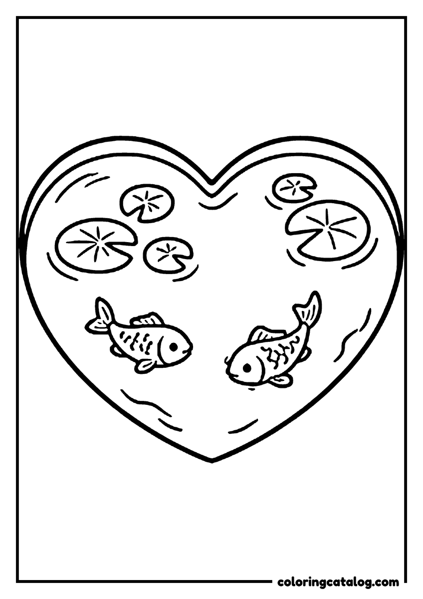 Free printable coloring sheet: Two fish swim in a heart-shaped pond dotted with round lily pads