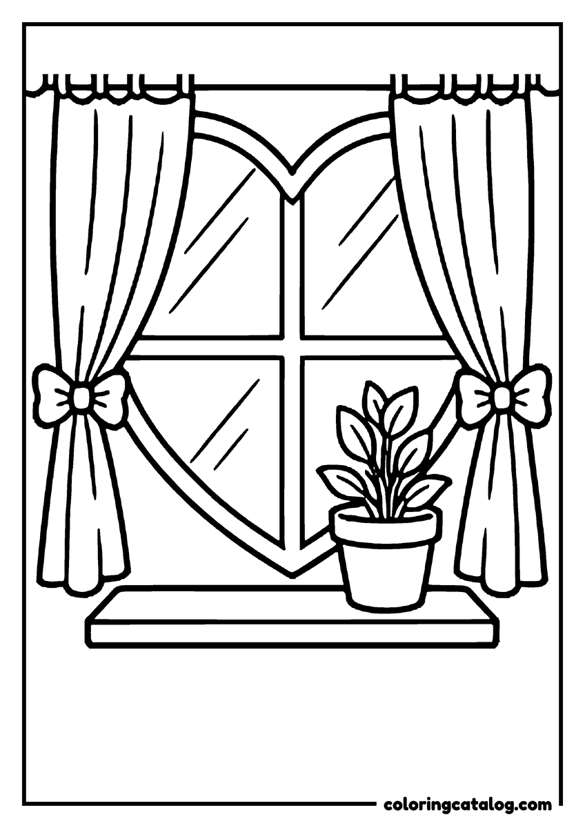 Printable coloring page: A window with a heart-shaped top is framed by tied-back curtains above a potted plant