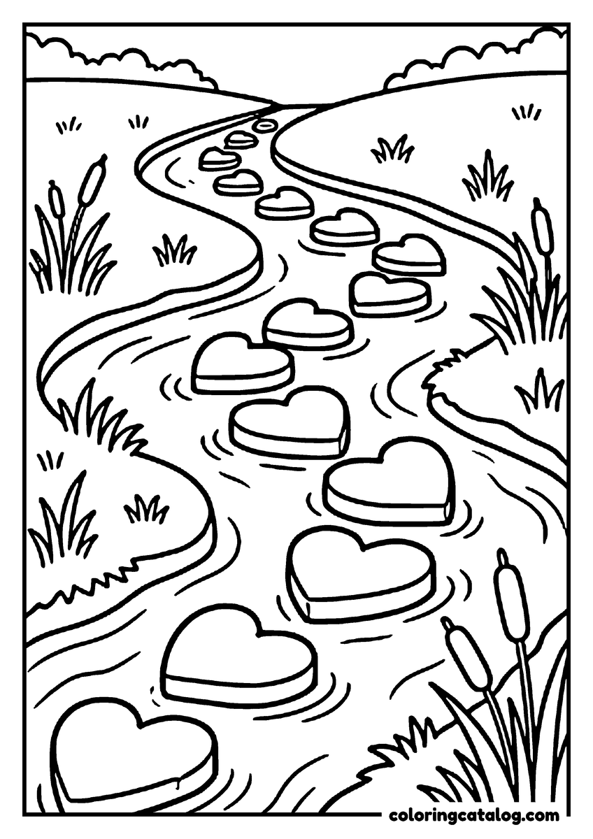 Coloring page: Heart-shaped stepping stones cross a winding stream between banks of reeds