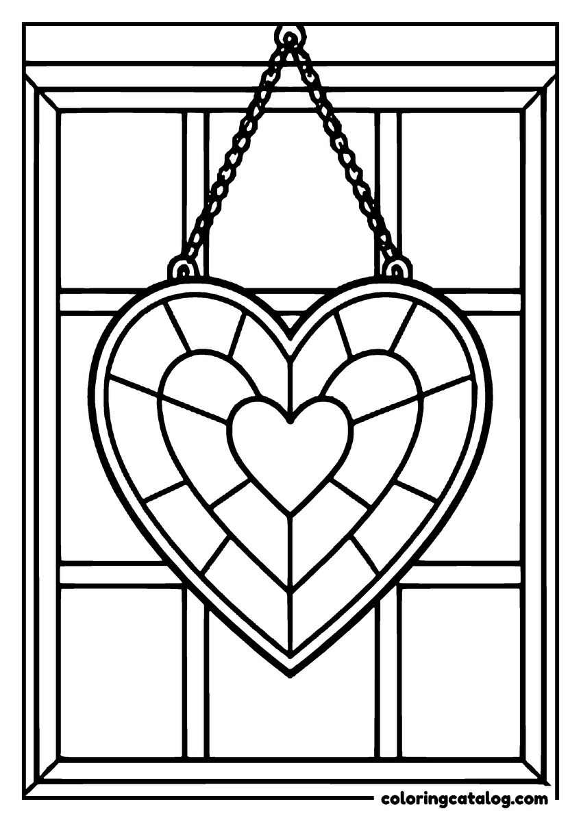 Coloring page: A heart suncatcher of leaded panes hangs by a chain in front of a glazed window