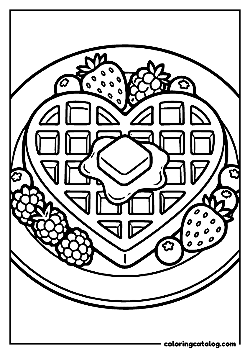Printable coloring page: A heart-shaped waffle topped with a pat of butter is ringed by strawberries and blackberries