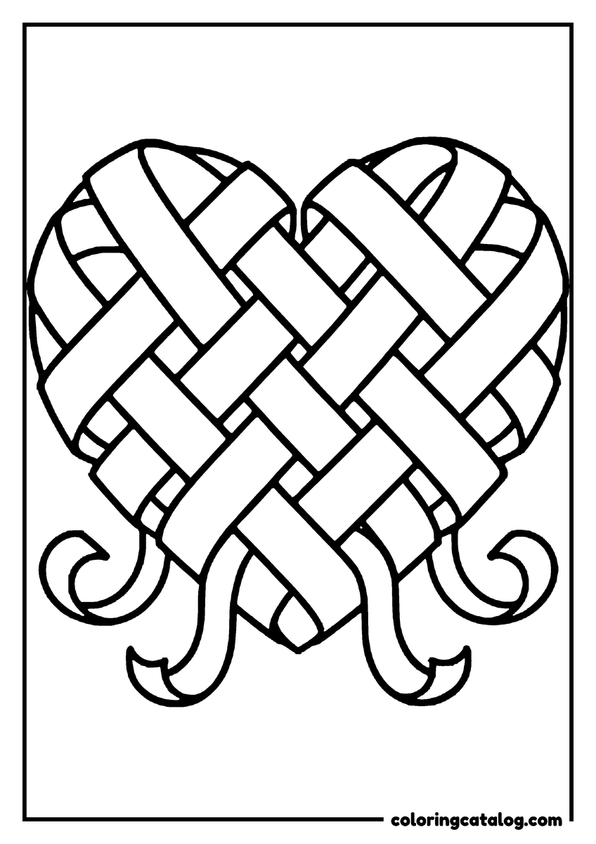 Printable coloring page: Broad strips cross over and under each other to weave a heart with curled ends below