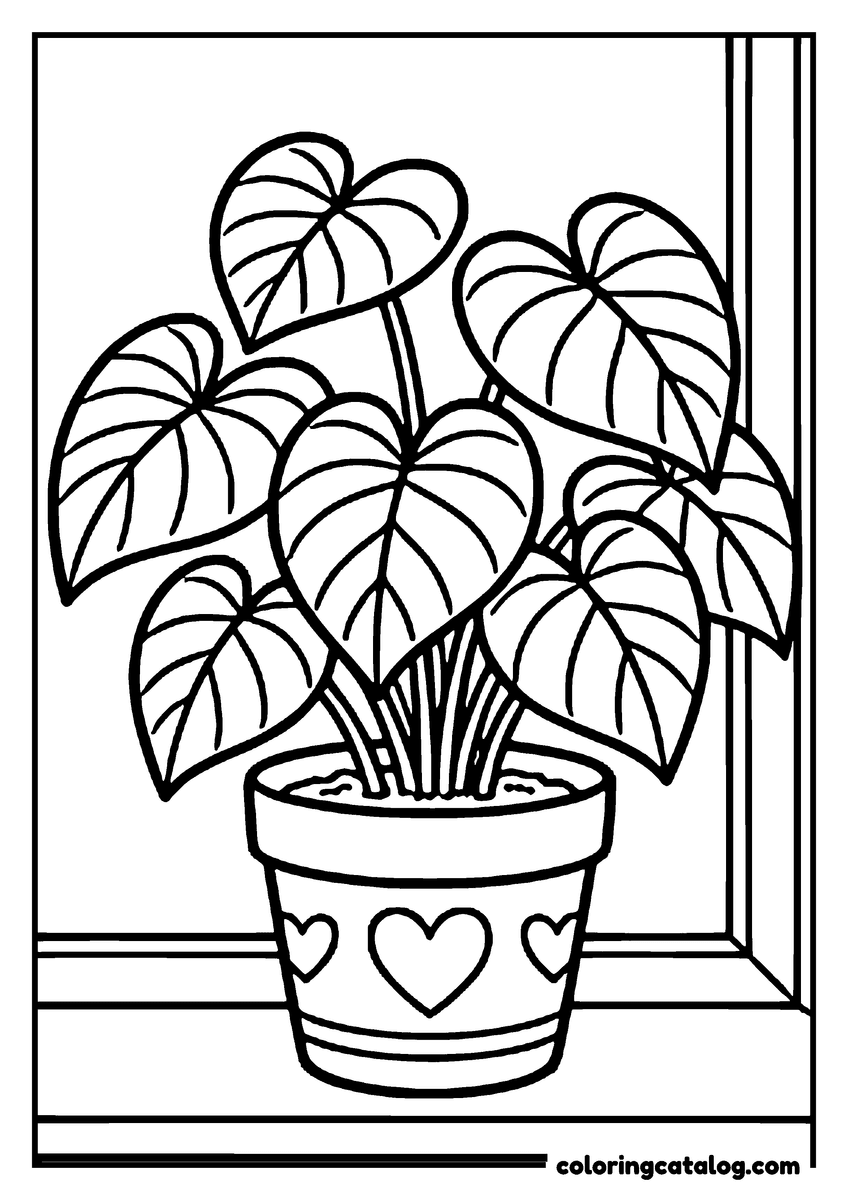 Coloring page: A plant of large heart-shaped leaves grows in a pot stamped with three hearts on a windowsill