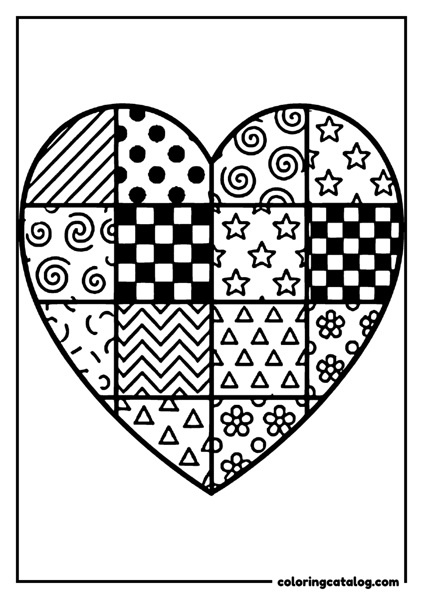 Coloring page: A heart divided into nine squares of stripes, spots, checks, stars and zigzags