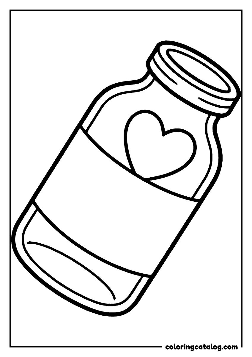 Printable coloring page: A lidded preserving jar lies on its side with a heart printed on its plain label