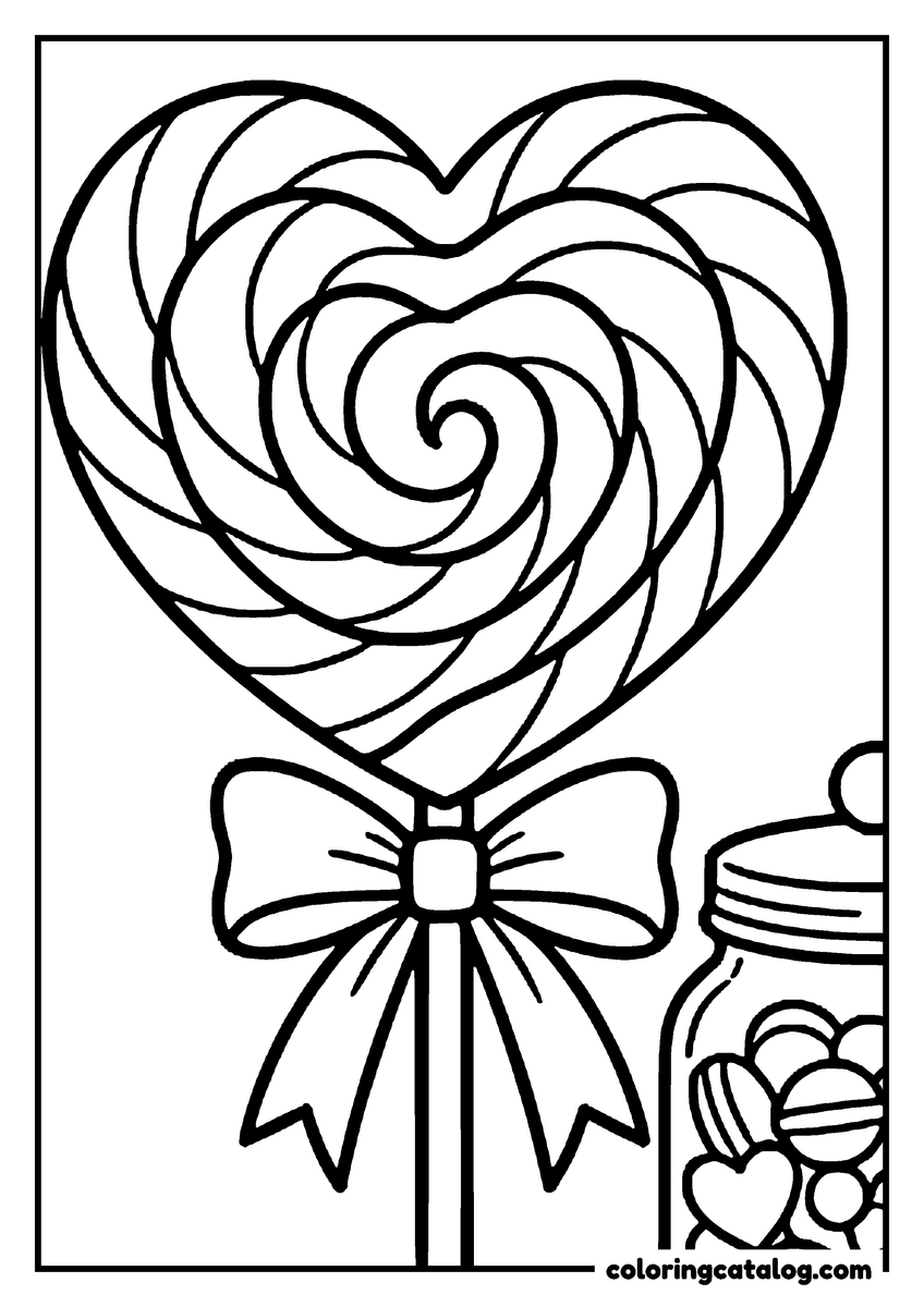 Free printable coloring sheet: A heart lollipop swirled from the centre stands on a stick tied with a wide bow beside a sweet jar