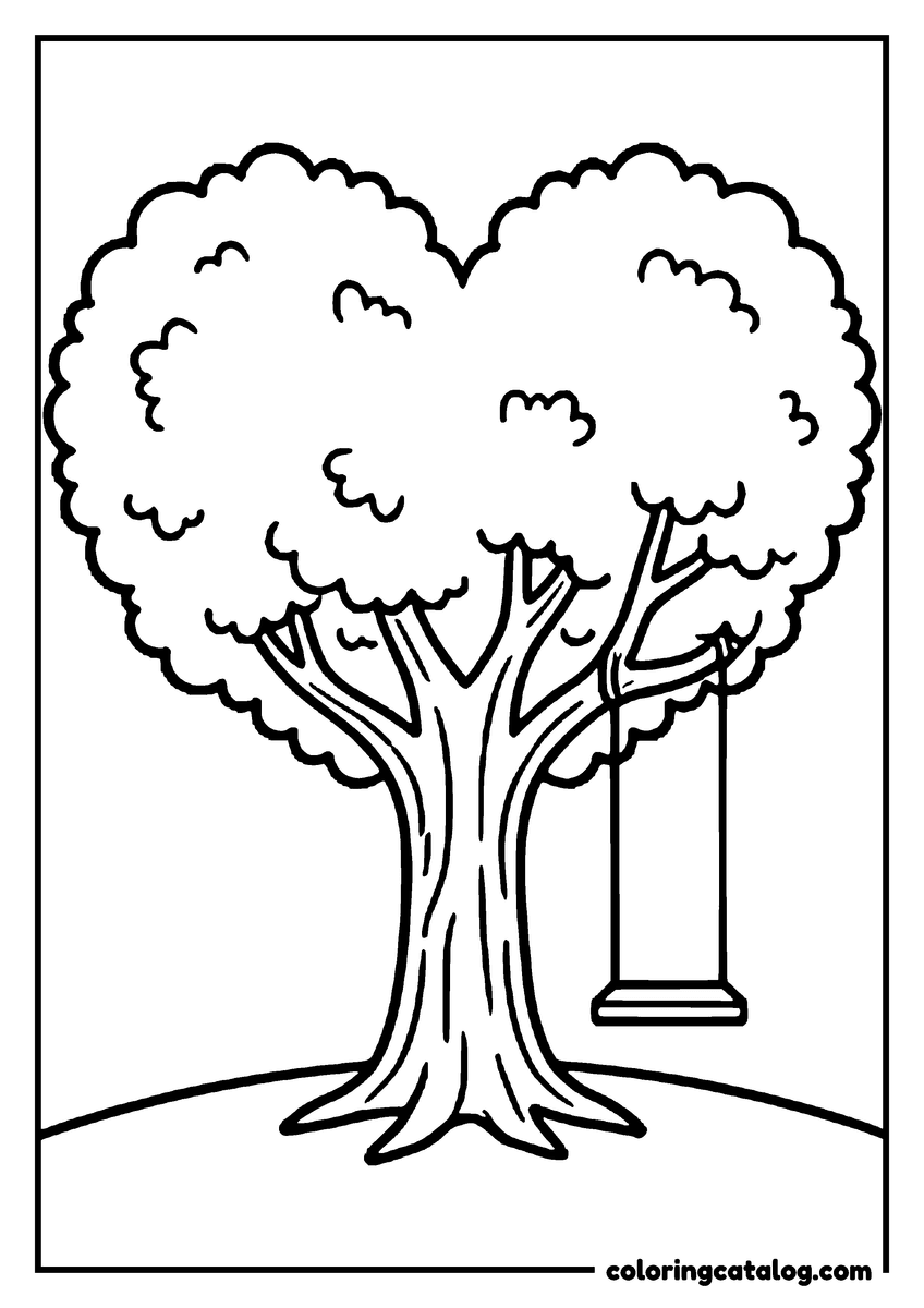 Free printable coloring sheet: A broad tree whose leaves grow into the shape of a heart, a rope swing hanging from one branch