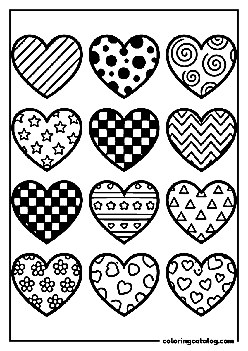 Free printable coloring sheet: Twelve hearts in four rows, each filled with a different pattern of spots, checks or flowers