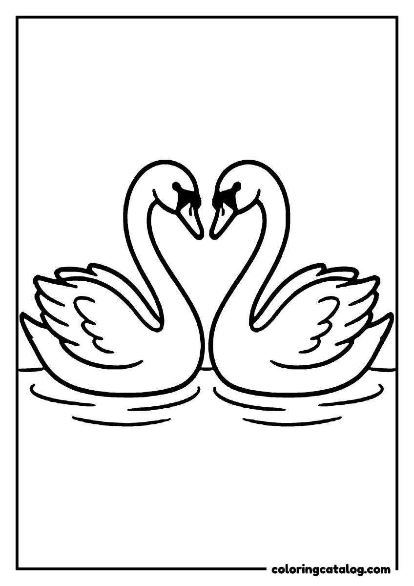 Free printable coloring sheet: Two swans face each other on still water so their necks form the sides of a heart