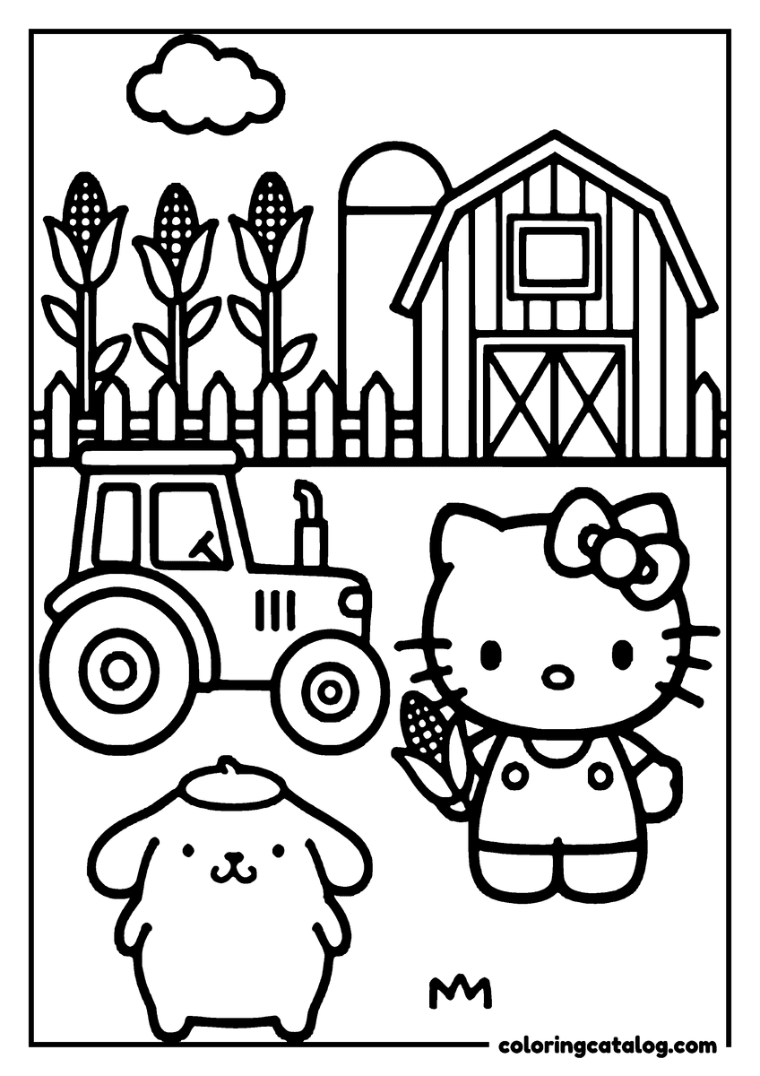 Free printable coloring sheet: Hello Kitty and Pompompurin are on a farm, holding corn cobs, with a barn and corn plants in the background