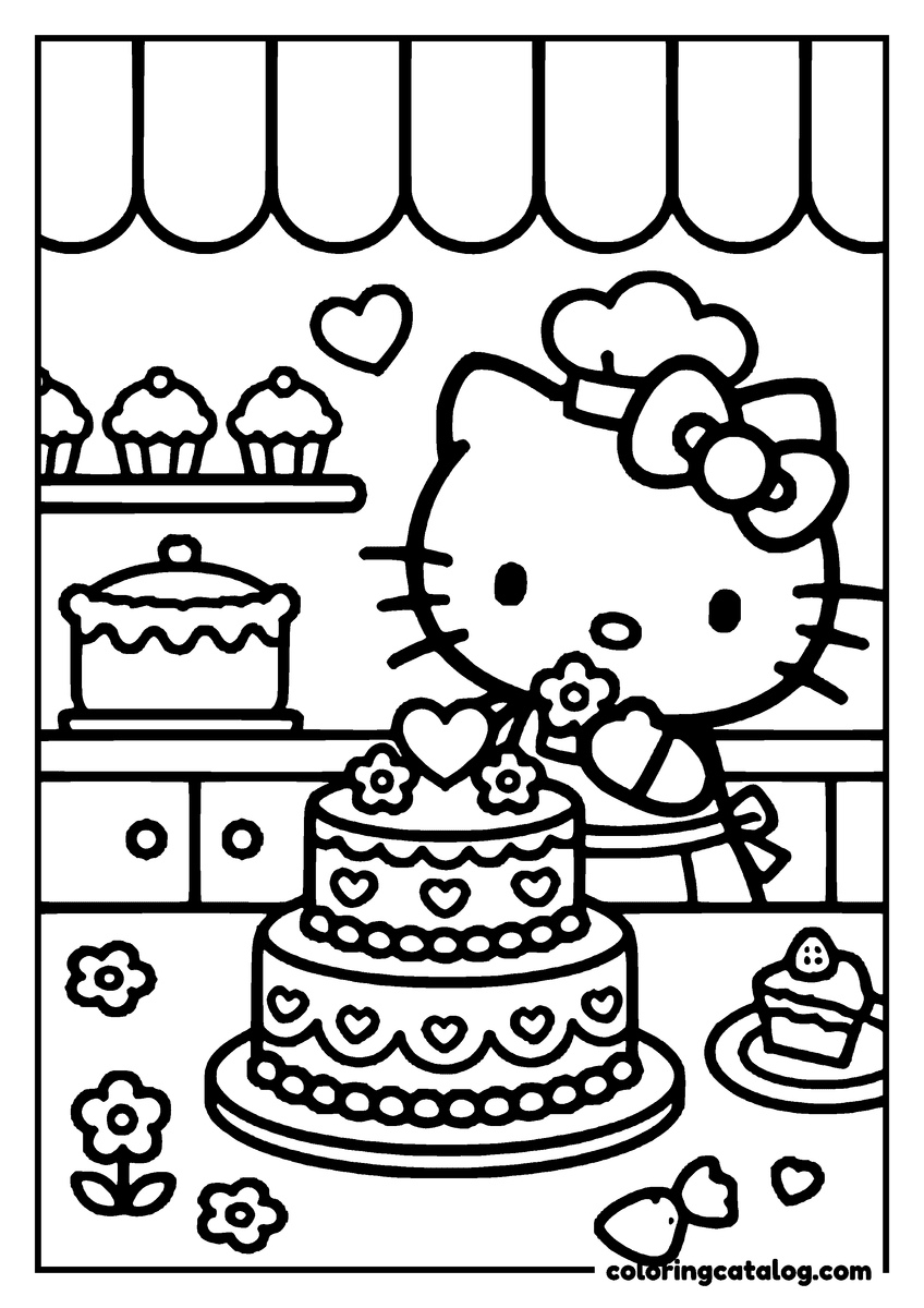 Printable coloring page: Hello Kitty decorating a three-tiered cake in a bakery with cupcakes and flowers