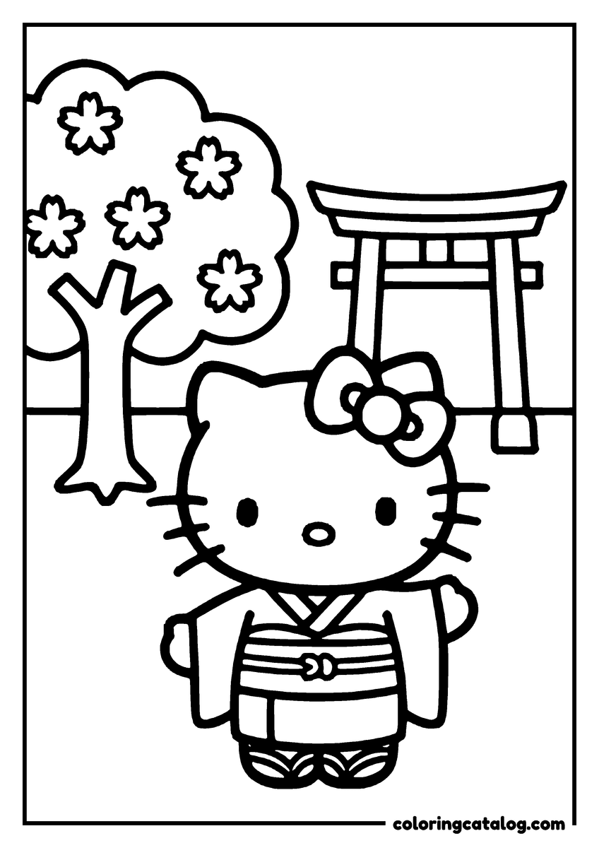 Coloring page: Hello Kitty in a kimono stands in front of a torii gate and cherry blossom tree