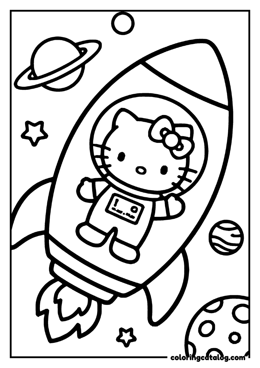Free printable coloring sheet: Hello Kitty in a space suit, floating in a rocket ship, surrounded by planets and stars
